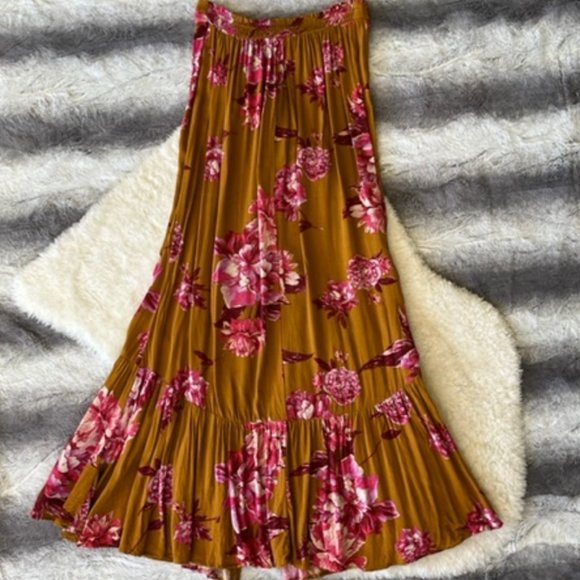 Living Doll Boho Tan Pink Floral Long Skirt - Picture 2 of 5